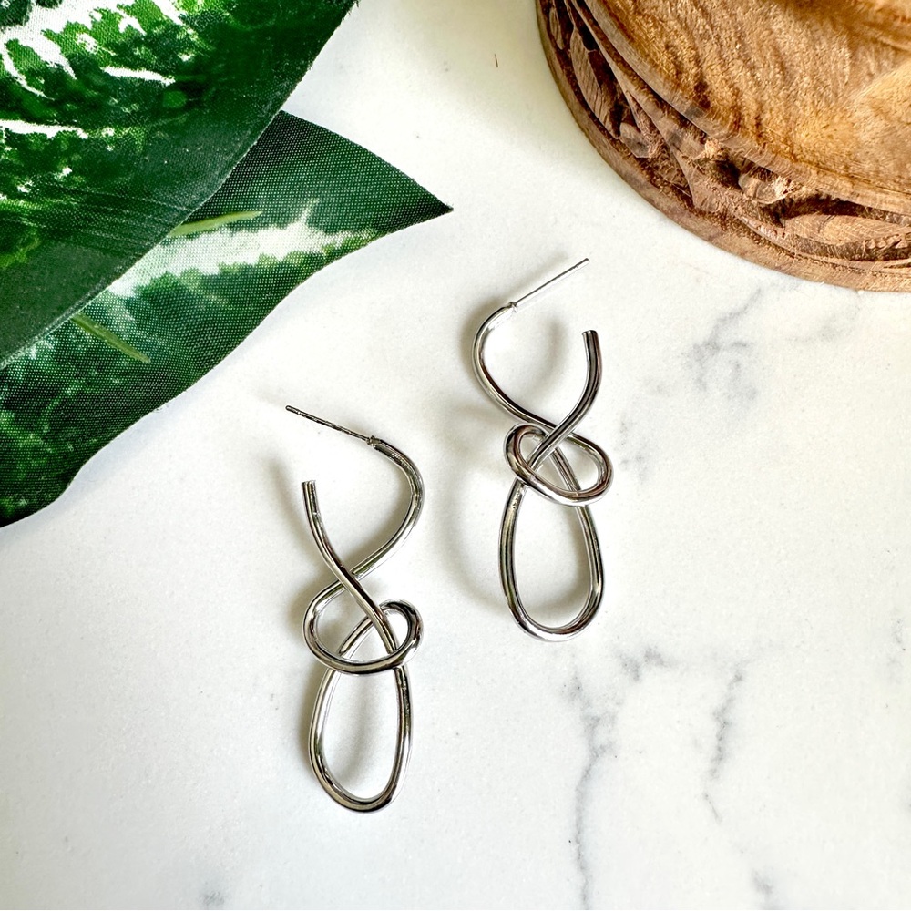 2/$30 Silver Knitted Twist Earrings Dangle Looped Linear Jewelry Boho Gift New
